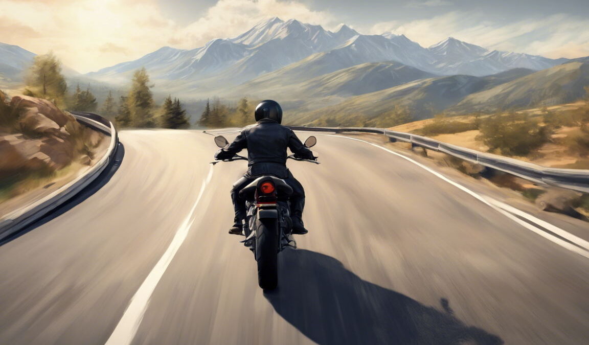 Motorrad-Fahrer auf der Landstraße fährt Richtung Berge